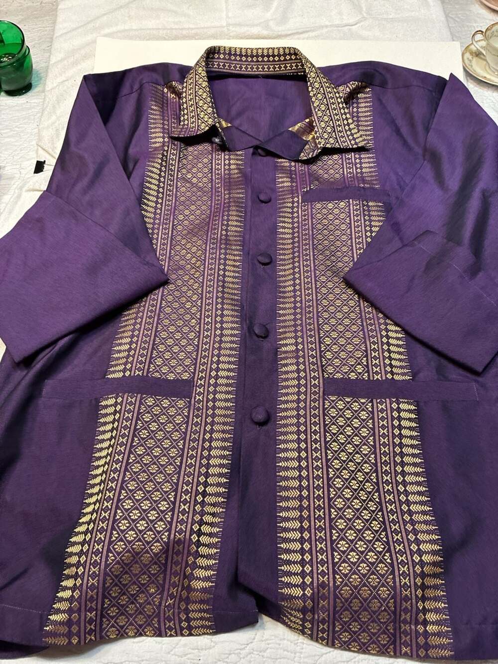 RaanPahMuang Formal Northern Thai Woven Motif Silk Blend Button-Down Shirt, Viol